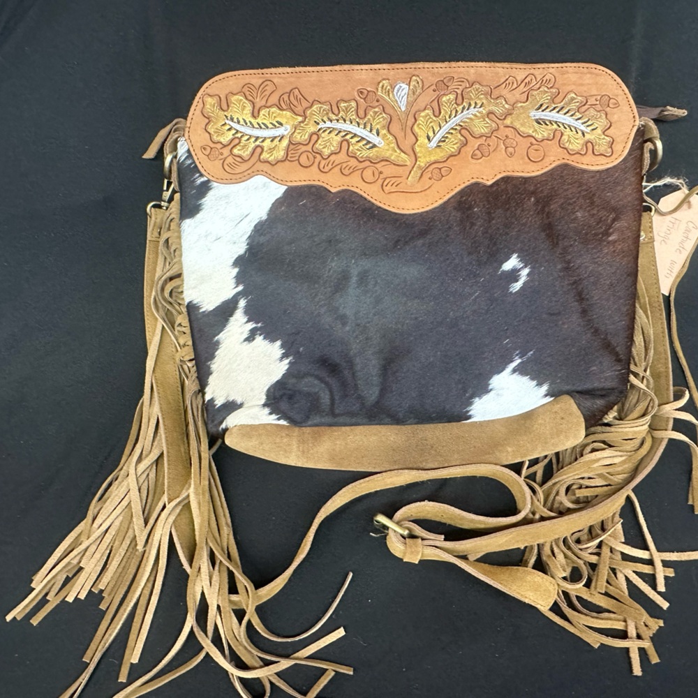 Brown and White Fringe Leather Bag